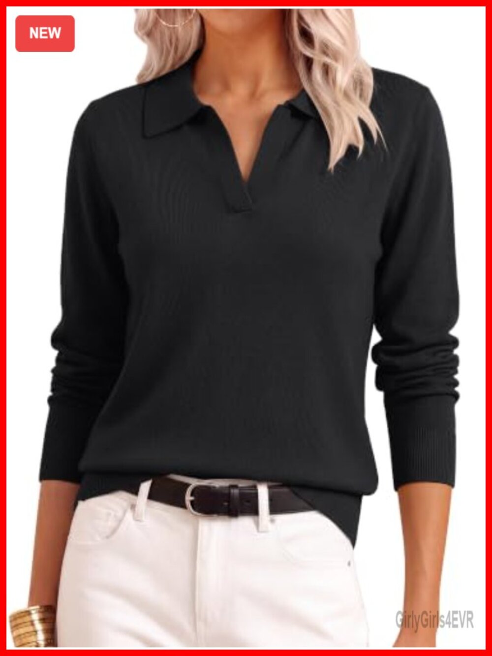 V-Neck Polo Sweater Long Sleeve Knit Pullover Casual
